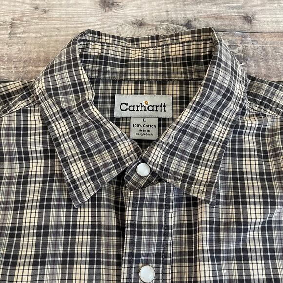 Carhartt Shirt Men's Large Tan Plaid Peral Snap Long Sleeve Button Front Outdoor - Picture 3 of 11